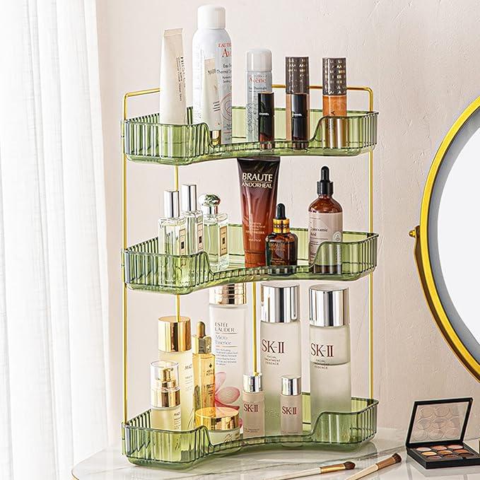 shuang qing 3-Tier Corner Bathroom Counter Organizer – Classic Storage Shelf for Makeup, Perfume & Toiletries, Space-Saving Countertop Tray Fits Bathroom, Dresser, Kitchen (Sage Green) - ModernBath