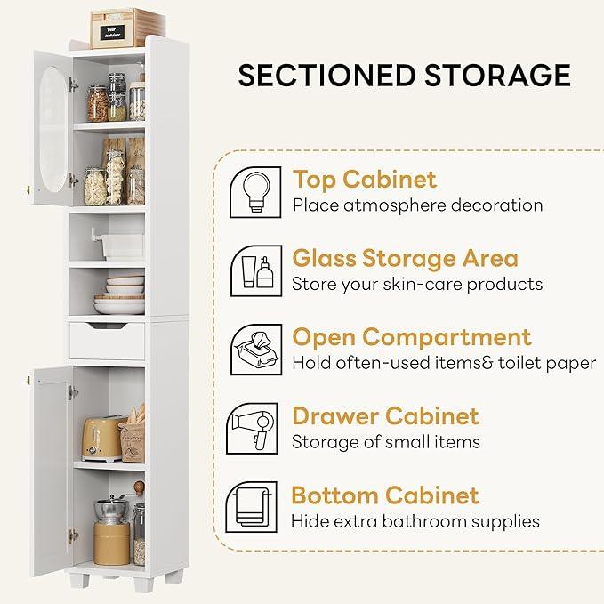 LIKIMIO 69" H Tall Bathroom Storage Cabinet with 2 Doors & 1 Drawer, Narrow Adjustable Shelves & Pull-Out Tissue Holder, Slim Freestanding Cabinet for Small Spaces, Kitchen, Entryway, White - ModernBath