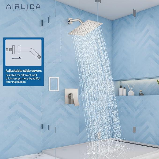 Airuida Shower Faucet Set Bathroom Rain Shower System 8 Inch Square Showerhead Single Function 1 Handle Trim Kit with Female Thread Rough-in Valve Cover Plate with H and C Labels Brushed Nickel - ModernBath