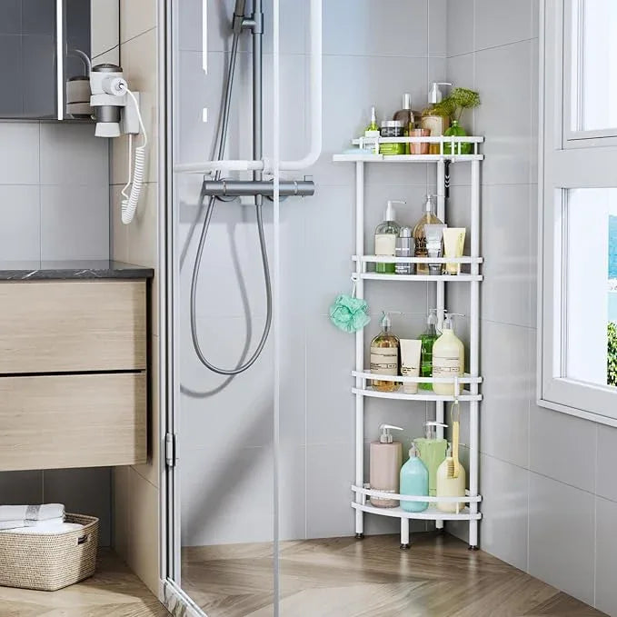 HapiRm Standing Corner Shower Caddy - 4 Tier Shower Organizer Corner with Soap Holder and 4 Hooks, Rustproof Bathroom Storage Shelves with Adhesives, White - ModernBath