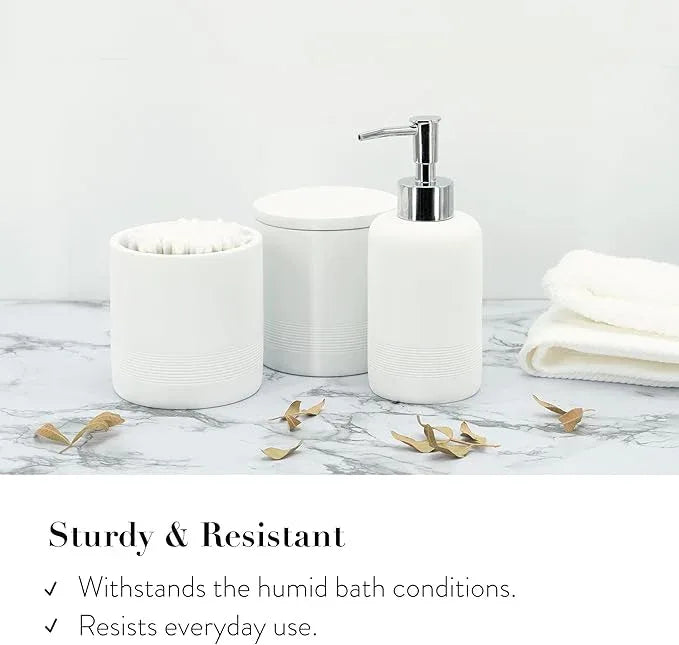 ZCCZ White Bathroom Accessories Set 6 Pieces - Toothbrush Holder, Lotion Dispenser, Qtip Container, Vanity Tray, Tumbler - Countertop Organizer for Bathrooms - Elegant and Functional Décor Set - ModernBath