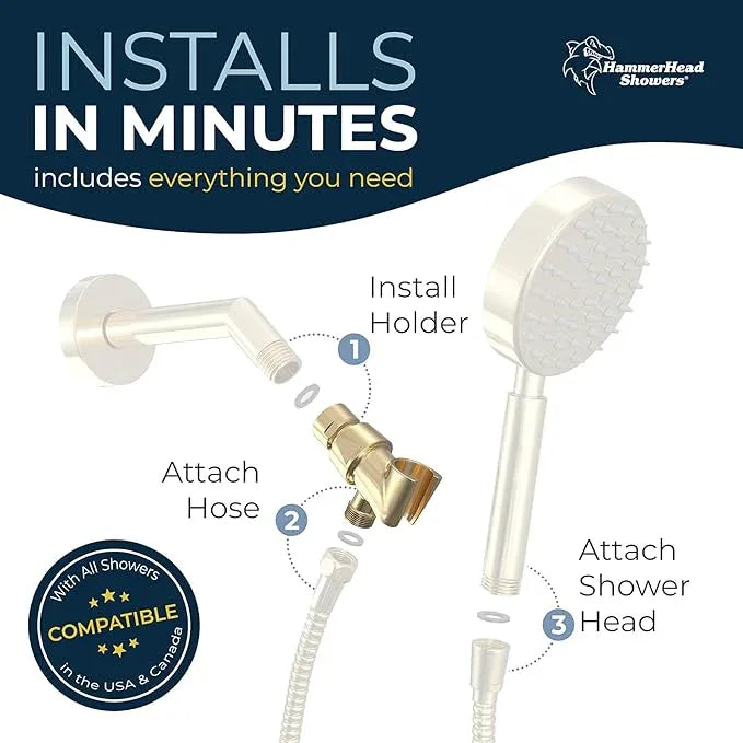 HammerHead Showers® Solid Metal Handheld Shower Head Holder - Polished Brass - Adjustable Shower Wand Holder with Universal Wall Hook Bracket and Brass Pivot Ball - Hand Held Shower Head Holder - ModernBath