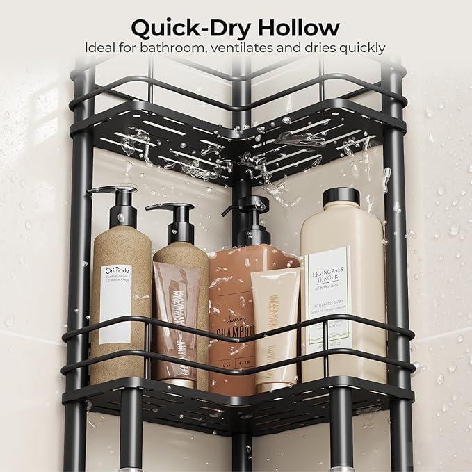 Orimade Rustproof 4 Tier Floor Standing Corner Shower Caddy Organizer with Toothbrush Holder, Large Spacing Floor Shower Shelf Rack Storage Stands with Hooks for Bathroom Kitchen, Black - ModernBath