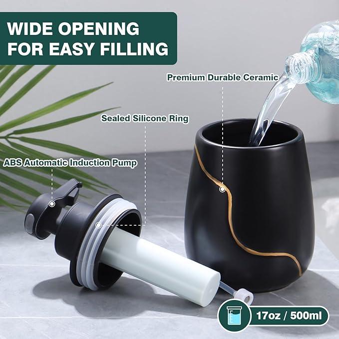 BosilunLife Automatic Foaming Soap Dispenser - Touchless Foam Hand Wash Dispenser for Bathroom Black Ceramic Smart Electric Auto Dish Soap Dispenser Waterproof, USB C Rechargeable, 17 oz/500 ml - ModernBath