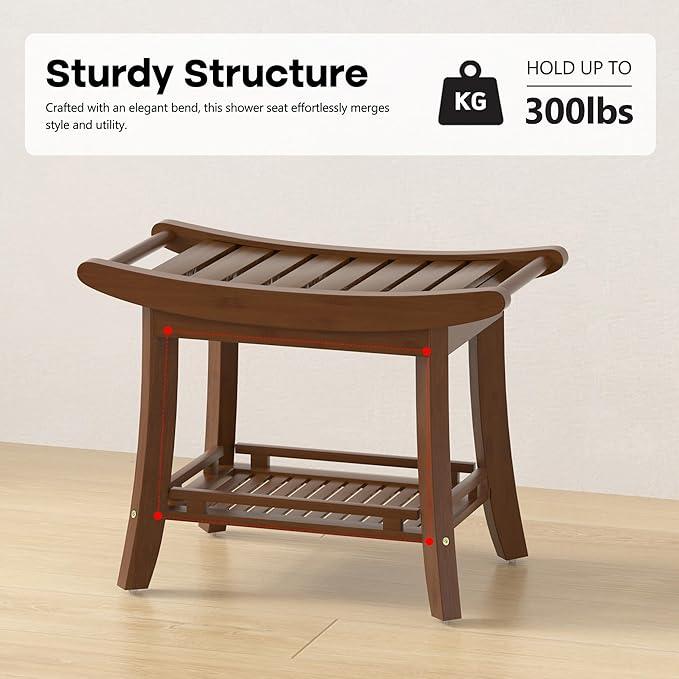 Eastglory Bamboo Shower Bench Chair Bathroom Shower Stool Seat for Inside Shower Bathtub with Storage Shelf Shower Foot Rest for Shaving Legs 25.2 x 13 x 19.2 Inches Chestnut Brown - ModernBath