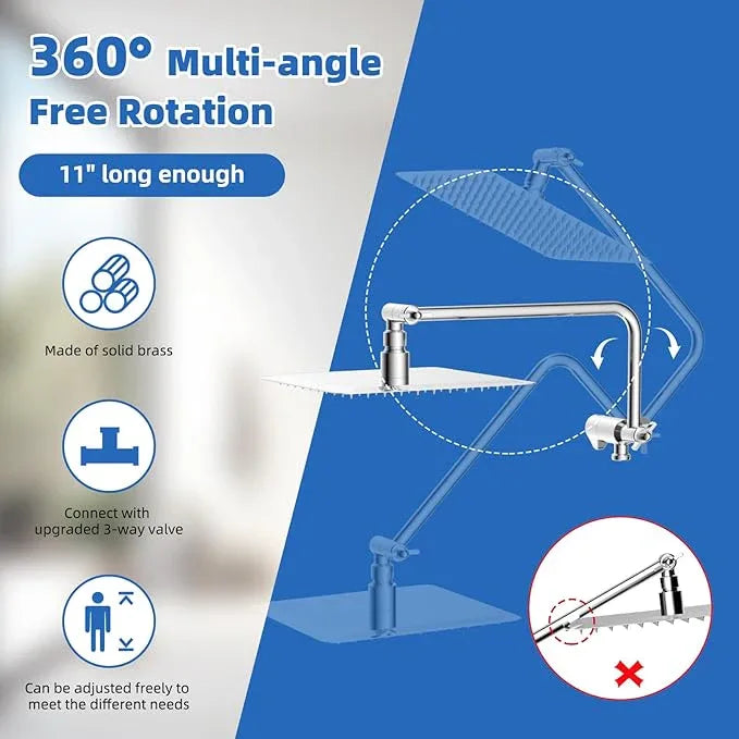 All Metal Shower Head, 10" High Pressure Rainfall/Handheld Shower Combo with 11" Extension Arm, 10-Spray Handheld Showerhead, 71" Long Hose, 3-Way Diverter Valve, Chrome - ModernBath