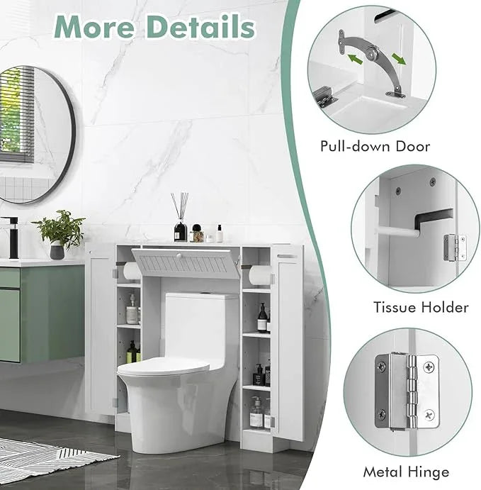 Tangkula Over The Toilet Storage Cabinet, Bathroom Space Saver Organizer with 2 Side Doors, Adjustable Shelves, Paper Holder, Freestanding Bathroom Cabinet Over Toilet for Small Space, Restroom, White - ModernBath