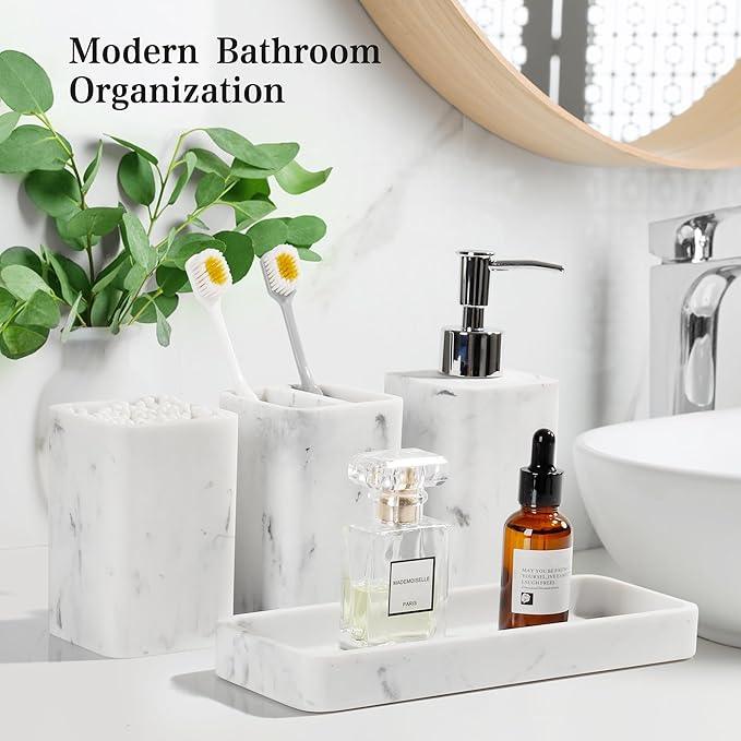YMXYJM Bathroom Accessories Set, 4 Pcs Bathroom Accessory Set, Soap Dispenser, Toothbrush Holder, Qtip Holder Set, Bathroom Sets Complete, Bathroom Sink Set for Modern Home Decor, White - ModernBath