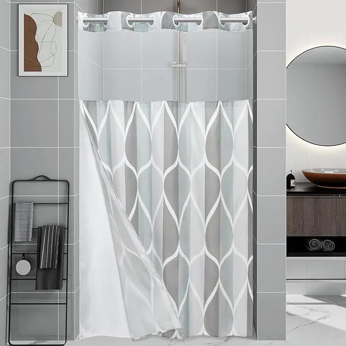 Yiatn No Hook Grey Stall Size Shower Curtain with Snap in Fabric Liner Set - Hotel Style with See Through Mesh Top Window, Modern Geometric Waterdrop Design,Waterproof and Washable, 54x80 INCH - ModernBath