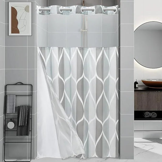 Yiatn No Hook Grey Stall Size Shower Curtain with Snap in Fabric Liner Set - Hotel Style with See Through Mesh Top Window, Modern Geometric Waterdrop Design,Waterproof and Washable, 54x80 INCH - ModernBath