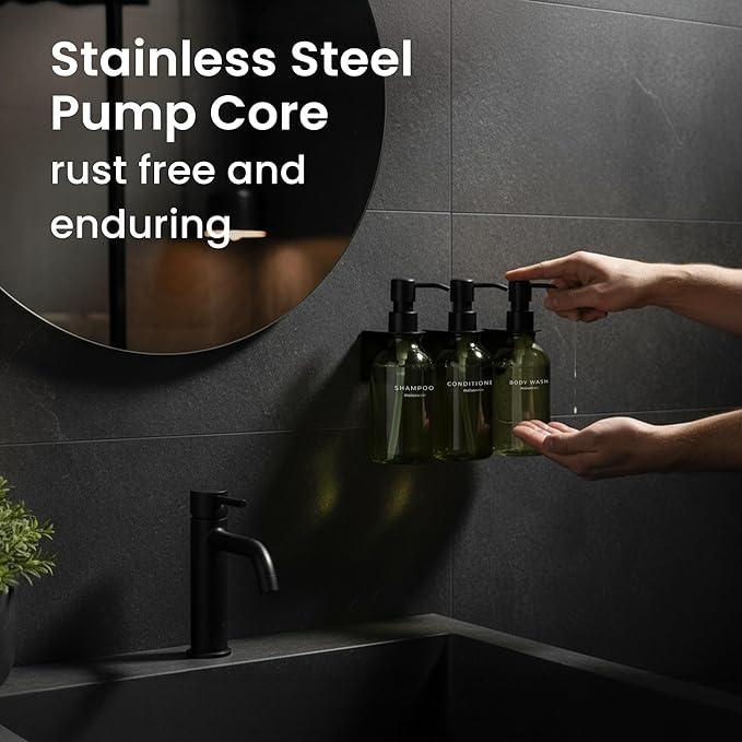 MaisoNovo Shampoo and Conditioner Dispenser - Shower Soap Dispenser Wall Mounted - 16.9 fl oz Set of 3 Green Plastic Bottles Black Pump - Shampoo Dispenser, Shower Dispenser - ModernBath
