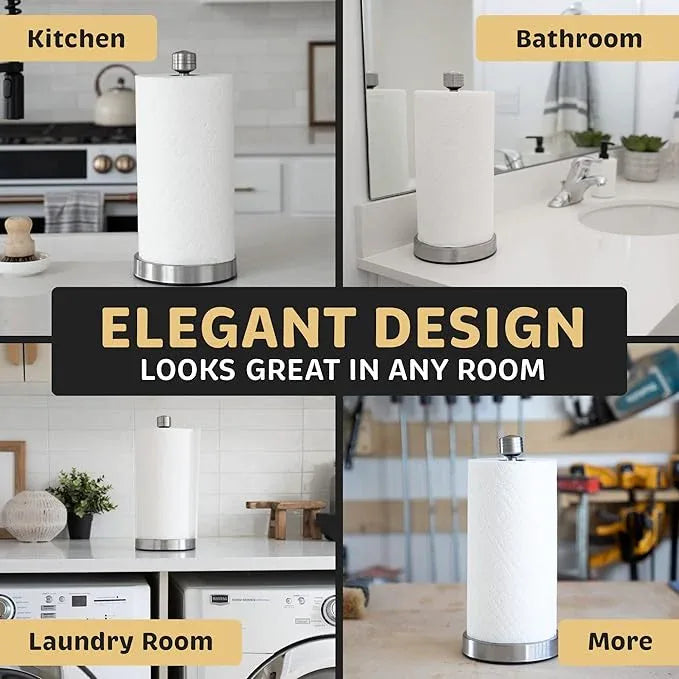 Dear Household Stainless Steel Paper Towel Holder Easy One-Handed Operation - This Sturdy Weighted Paper Towel Dispenser Countertop Model Has Suction Cups and Holds All Paper Towel Rolls - Silver - ModernBath