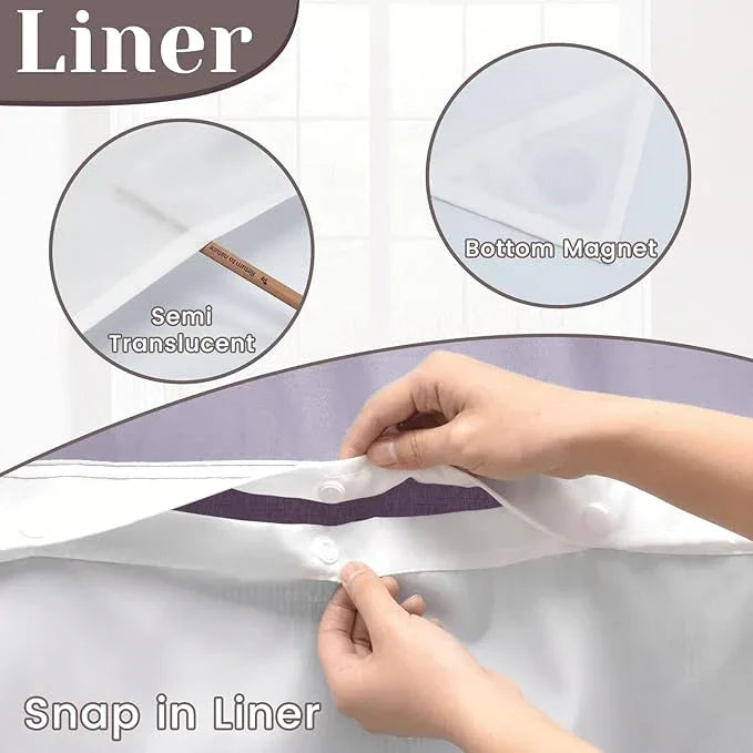 SORTTO No Hook Slub Textured Shower Curtain with Snap in Liner - Purple Fabric Outer Curtain & Waterproof Inner Liner, Hotel Style with See Through Top Window, 71x74 in - ModernBath