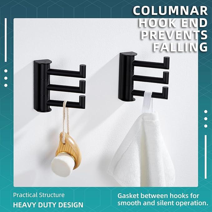 Angle Simple Swivel Towel Hooks for Bathroom, SUS 304 Stainless Steel Foldable 3 Arms Robe Towel Holder, Shower Wall Coat Hooks, Matte Black, 2 Pack - ModernBath