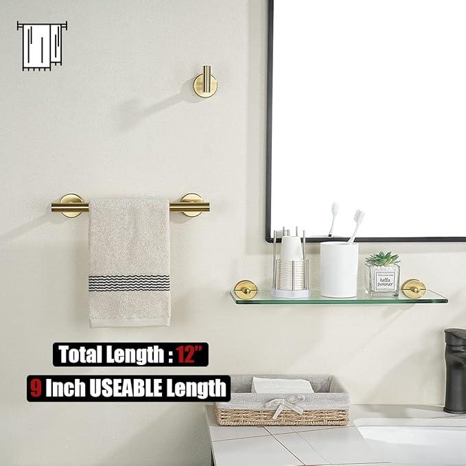JQK Bathroom Towel Bar, Brushed Gold 12 Inch 304 Stainless Steel Thicken 0.8mm Towel Rack, Towel Holder Wall Mount, Useable Length 9 Inch TB110L9-BG - ModernBath