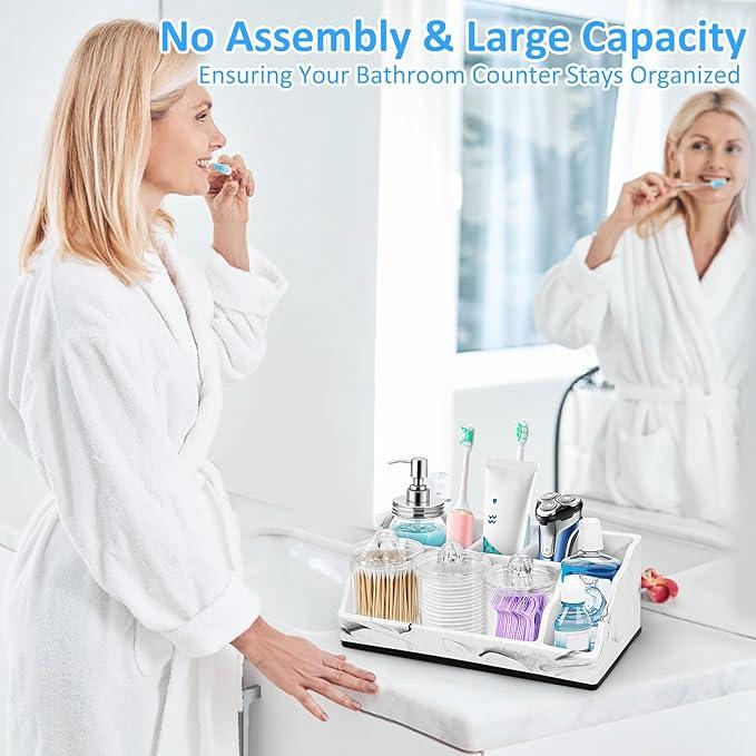 MSBRCH Bathroom Organizer Countertop, White Marble Toothbrush Holders for Bathrooms with 3PCS Qtip Holder Dispenser, Toothbrush and Toothpaste Holder for Bathroom Counter Organization Storage Vanity - ModernBath
