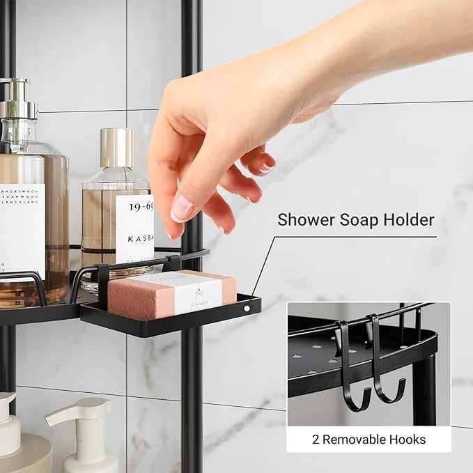 ELYKEN Corner Shower Caddy Standing, 4 Tier Rustproof Metal Shower Organizer with Soap Holder, Floor Shower Corner Shelf Rack Storage Stands with Adjustable Feet & 2 Hooks for Bathroom, Black - ModernBath