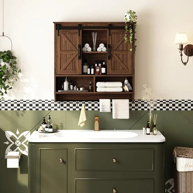 RUSTOWN Farmhouse Bathroom Wall Cabinet,3-Tier Rustic Wood Wall Mounted Cabinets,Vintage Medicine Cabinet with Sliding Barn Door and Adjustable Shelves,Over The Toilet Storage Cabinet (Dark Walnut) - ModernBath