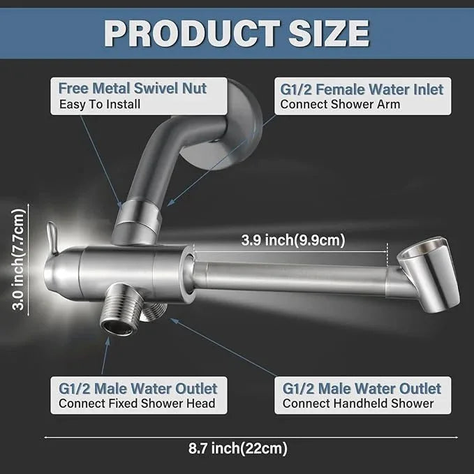 All Metal Shower Diverter Valve with Handshower Holder, YDmeet Upgraded 3 Way Shower Head Diverter for Handheld and Fixed Rain Showerhead, Universal G1/2 shower Diverter Bathroom Part, Brushed Nickel - ModernBath