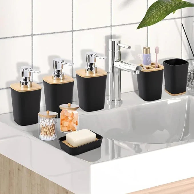 XLHOMO Black Bathroom Accessories, Bathroom Accessories Set with Trash Can, Soap Dispenser, Toothbrush Holder, Toothbrush Cup, Soap Dish, Toilet Brush, Tray and Q-tip Holders for Housewarming - ModernBath