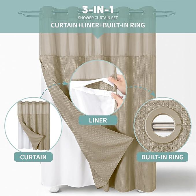 eachope Khaki No Hook Waffle Weave Shower Curtain with snap-in Liner Replacement, 230GSM Waterproof Fabric Hotel Shower Curtain Set for Bathroom, Through Mesh Top Window,71Wx80H - ModernBath