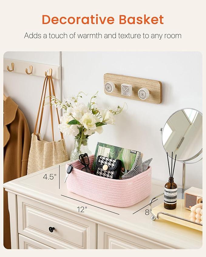 Small Woven Basket, 12 x 8 x 4.5 Inches, Storage Basket for Organizing, Cute Small Rope Shelf Closet Cube Storage Bins Baskets for Shelves, Dog Toy Gift Baskets Empty, 3 Pack Light Pink - ModernBath