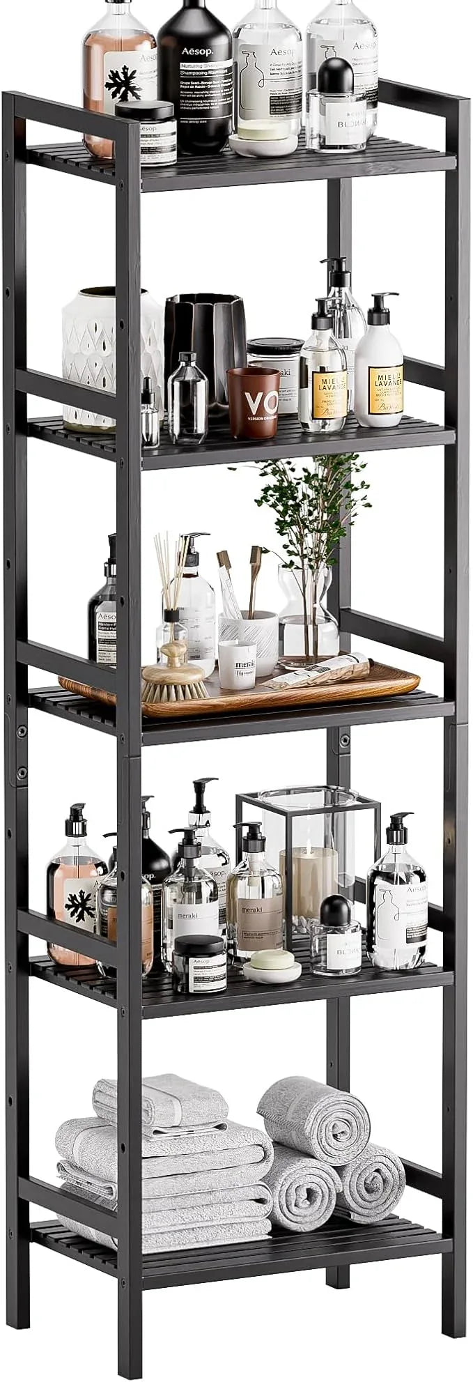 HITNET 5 Tier Narrow Bookshelf, Bamboo Bookcase, Slim Tall Storage Rack Free Standing Shelving Unit with Adjustable Shelves for Living Room Bedroom Bathroom, Black - ModernBath