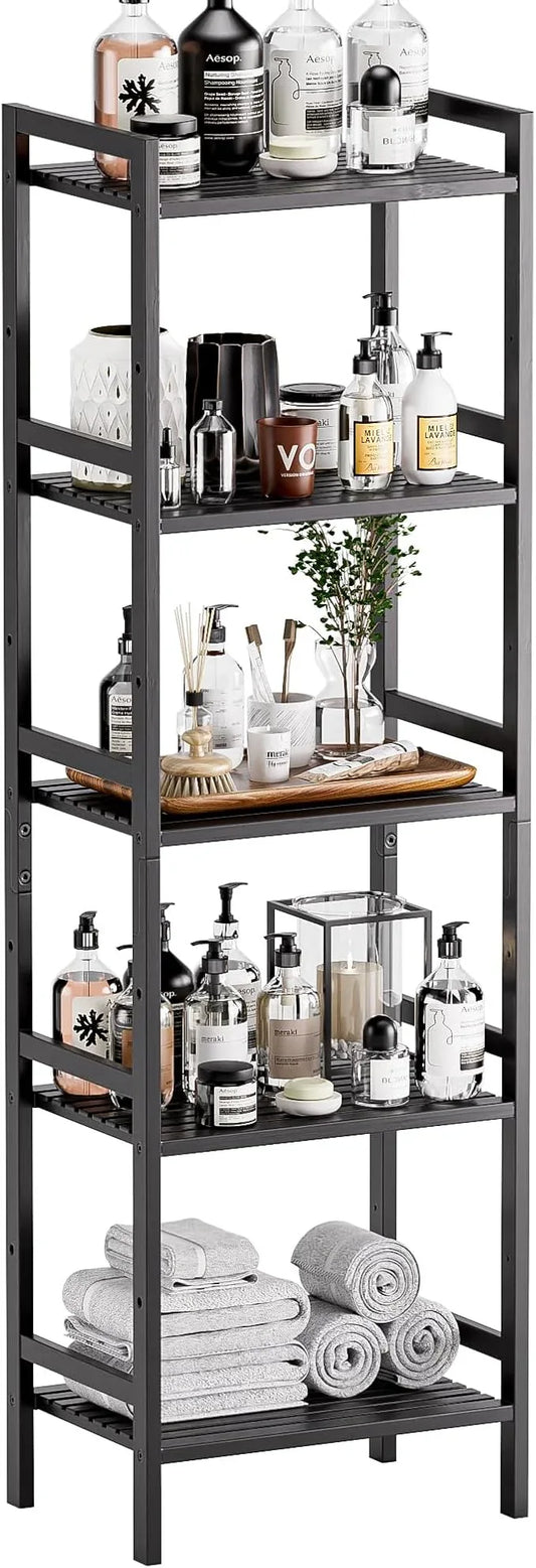 HITNET 5 Tier Narrow Bookshelf, Bamboo Bookcase, Slim Tall Storage Rack Free Standing Shelving Unit with Adjustable Shelves for Living Room Bedroom Bathroom, Black - ModernBath