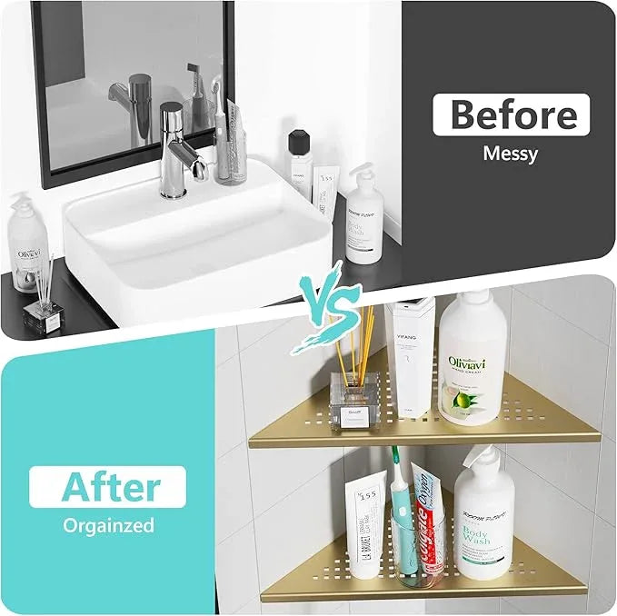 2 Pack Bathroom Corner Shelf, Recessed 12" Corner Shower Shelf, SUS304 Stainless Steel Triangular Wall Mount, No Drilling, Brushed Golden - ModernBath