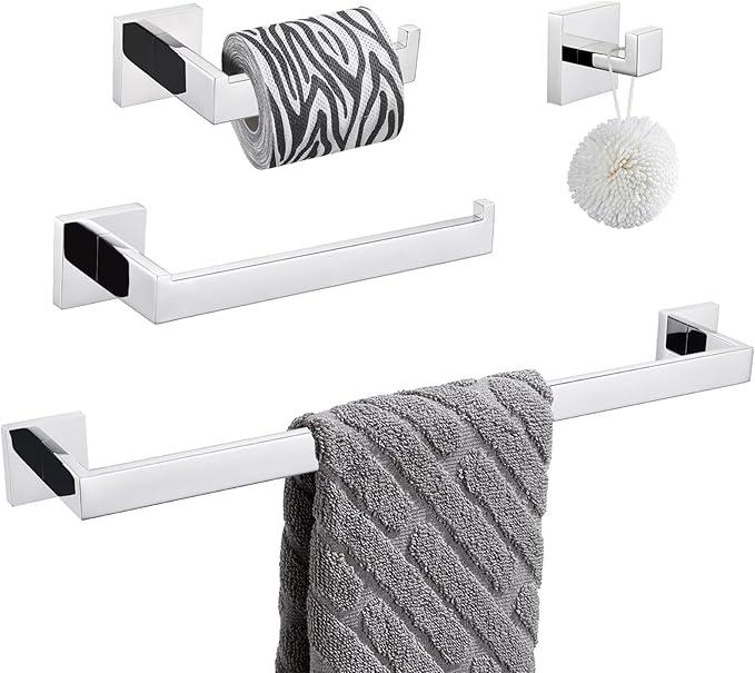 Suyar Polished Chrome Bathroom Hardware Set 4 Pieces, 304 Stainless Steel Bathroom Accessories, Include Robe Hook, Toilet Paper Holder, Hand Towel Holder, Bath Towel Bar - ModernBath
