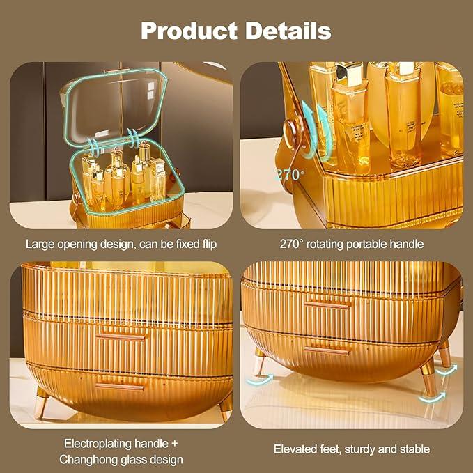 Ergocar Portable Retro Series Multi-Function Make Up Case Dustproof Cosmetic Storage Box,Cosmetics Skin Care Products Jewelry Organizer Case Finishing Box Bathroom Desktop -Amber (X-1) - ModernBath