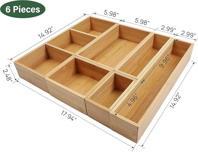 Kootek Bamboo Drawer Organizer with Removable Dividers, 6 Pcs Adjustable Kitchen Drawer Organizer Utensils Bamboo Organizers Silverware Storage Box Cutlery Tray Multi-Use for Bathroom, Makeup, Office - ModernBath