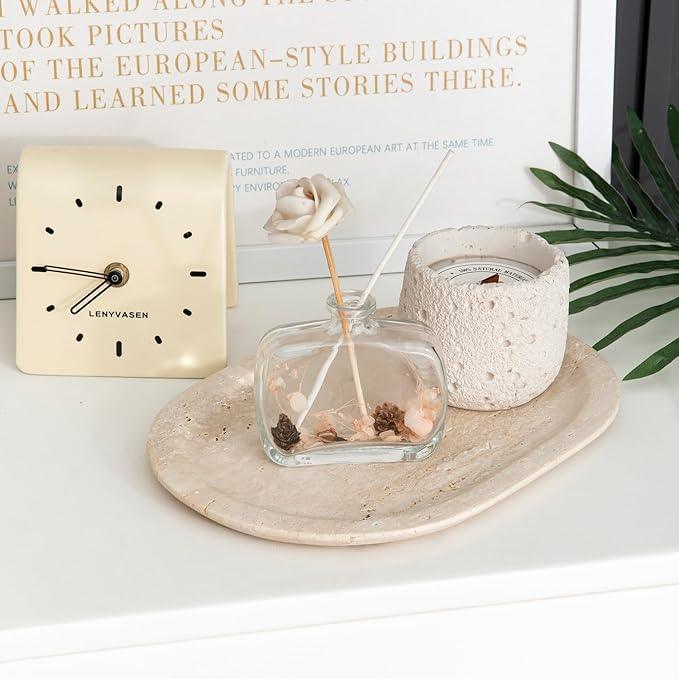 WANJINGYULE Natural Marble Decorative Tray Bathroom Counter Perfume Organizer Vanity Tray for Home Decor, Jewelry Candle, Coffee Table, Soap Holder Dresser Countertop Accessories 8"x11" Travertine - ModernBath