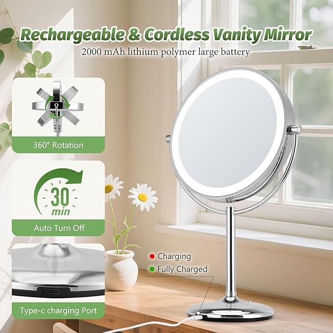 VORREMIRR 9" Large Lighted Makeup Mirror with Magnification 20X/1X, Magnifying Mirror with Base Charging and Switch, Rechargeable Vanity Mirror with 3 Color Dimmable Lights for Dresser, Bathroom - ModernBath