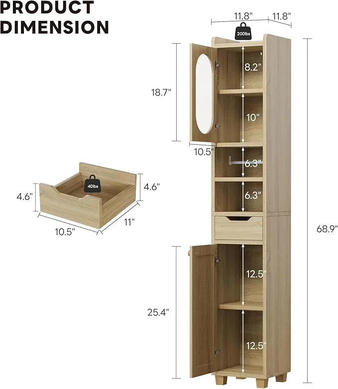 LIKIMIO 69" H Tall Bathroom Storage Cabinet with 2 Doors & 1 Drawer, Narrow Adjustable Shelves & Pull-Out Tissue Holder, Slim Freestanding Cabinet for Small Spaces, Kitchen, Entryway, Rustic White - ModernBath