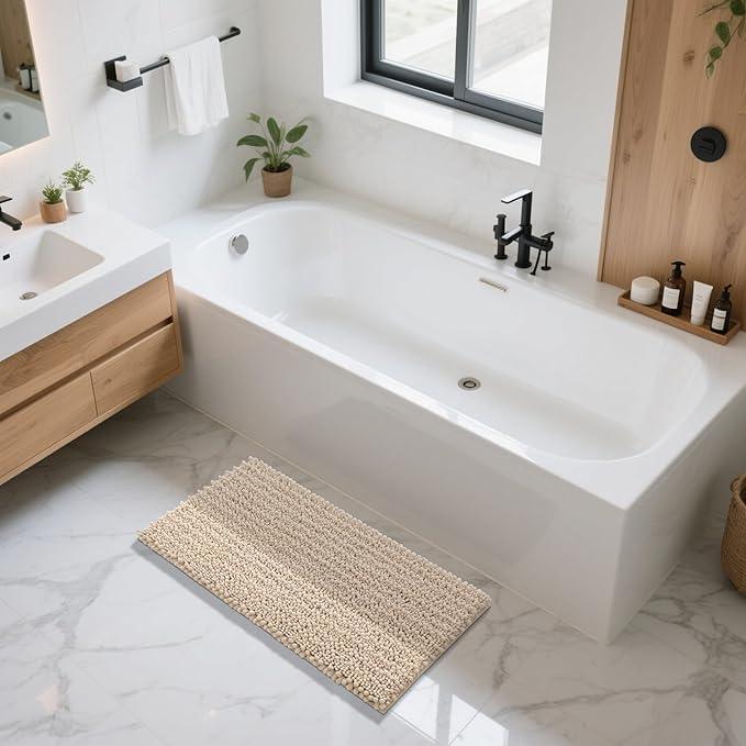Yimobra Long Bathroom Rugs Non Slip Washable 44x24 Inch - Ultra Soft Absorbent Polyester Bath Mat, Quick Dry Shaggy Floor Carpet for Tub Shower, Light Brown Home Decor Accessories - ModernBath