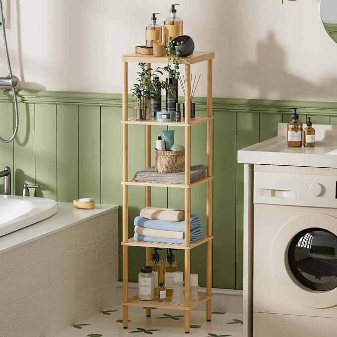 AmazerBath 5-Tier Bamboo Bathroom Shelf, Bathroom Standing Shelves, Multifunctional Shelving Unit for Living Room Bedroom Kitchen, Natural Color - ModernBath