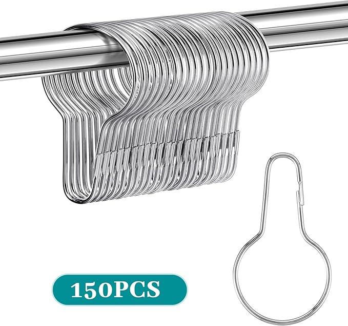 Geetery 150 Pcs Metal Shower Curtain Hooks Rust Proof Reusable Shower Curtain Hangers Multi Functional Stainless Steel Shower Curtain Rings for Bathroom Bedroom Kitchen (Silver) - ModernBath