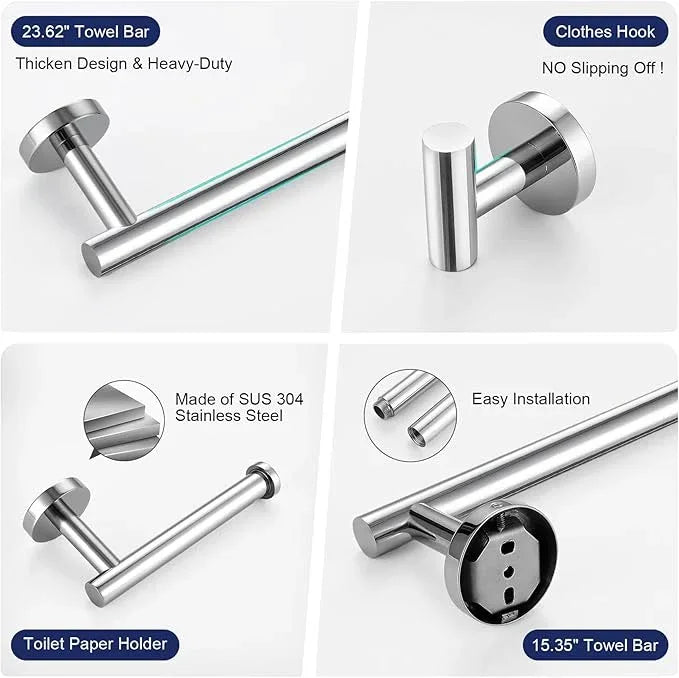 5 Pieces Bathroom Hardware Set, 23.6-inch+15.35-inch Bathroom Towel bar SUS304 Stainless Steel Bathroom Towel Bar Set Polished Chrome - ModernBath