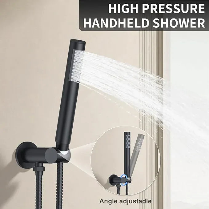 KOJOX 12-Inch Matte Black High-Pressure Shower System: Complete Set with Rainfall & Handheld Shower Heads, Wall-Mounted Mixer Faucet, Rough-In Valve, & Trim Kit for Bathroom - ModernBath
