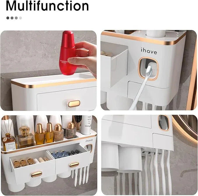 iHave Toothbrush Holders Wall Mounted with Toothpaste Dispenser & 4 Cups - Premium White and Gold Design for Bathroom Decor, All-in-One Bathroom Organizers & Storage for Toothbrushes and Accessories - ModernBath