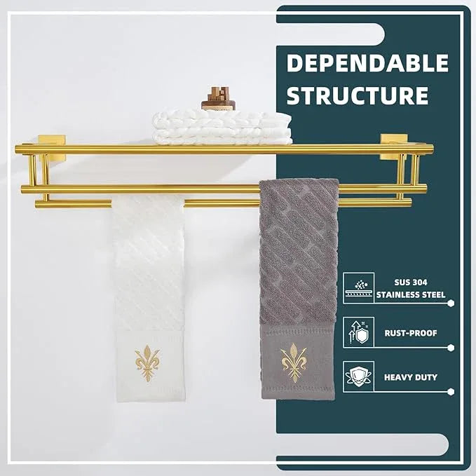 Angle Simple Towel Rack for Bathroom, SUS 304 Stainless Steel Hand Towel Holder with Shelf, Brushed Gold, 27.56 Inches - ModernBath
