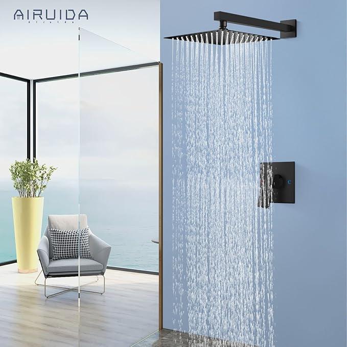 Airuida Shower Faucet Set Bathroom Rain Shower System SUS304 Stainless Steel Single Handle With Male Threads Rough-in Valve Shower Trim Kit 12 Inch Wall Mount Shower Head Matte Black - ModernBath