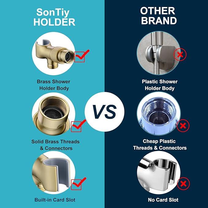 Shower Head Holder All Metal Adjustable Handheld Shower Arm Mount, 1/2" Shower Hose Holder Fits Most Hand Showerheads, Brass Hand Held Shower Head Holder , Easy to Install(Brushed Gold) - ModernBath