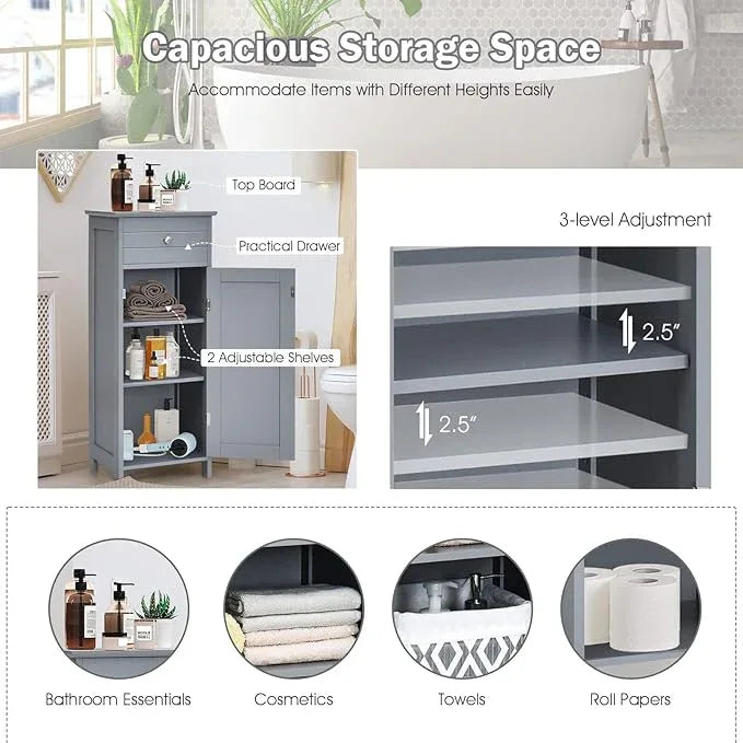 HAPPYGRILL Bathroom Floor Cabinet, Single Door Floor Storage Cabinet Organizer with Drawer and 3-Level Adjustable Shelves, Bathroom Cabinets Freestanding with Anti-Tipping Device for Living Room - ModernBath