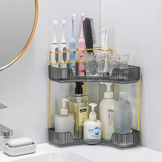 shuang qing Upgraded 2-Tier Corner Bathroom Countertop Organizer – Spacious Storage for Makeup, Skincare & Perfumes, Built-in Brush Holder Fits Vanity/Dresser/Bsthtub (Slate Gray) - ModernBath