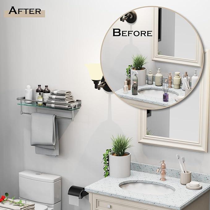 Bathroom Glass Shelf with Towel Rack Organizer Wall-Mounted Bathroom Storage SUS304 Stainless Steel Towel Bar/Track Wall-Mounted Tempered Glass Shelves (Chrome Polished, 20-inch) - ModernBath