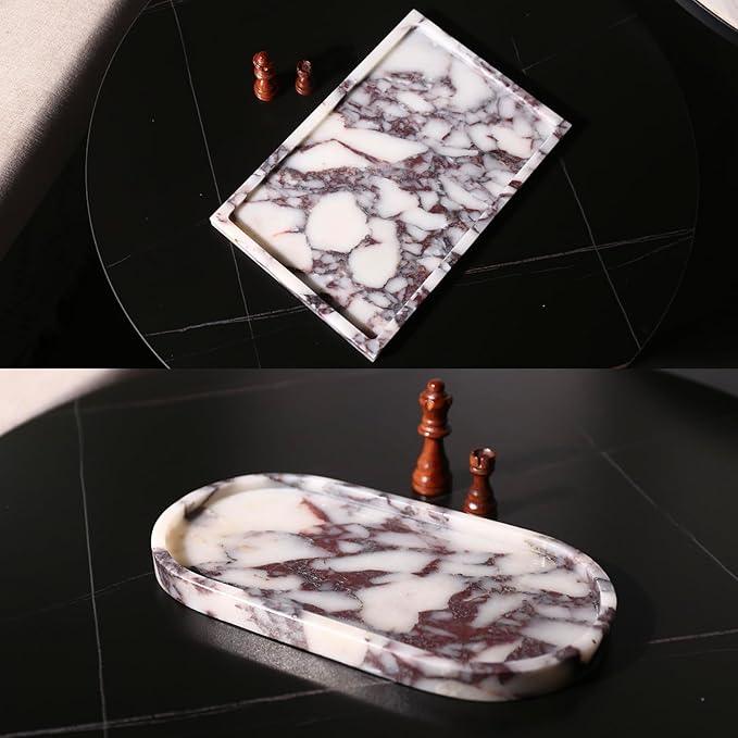 Real Luxurious Natural Marble Vanity Tray Genuine Marble Storage Tray for Home Decor Stone Tray for Bathroom/Kitchen/Vanity/Dresser Non-Resin/Non-Ceramic/Viola Oval Set - ModernBath