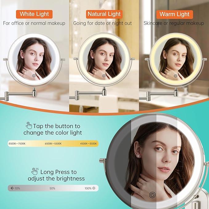 5000mAh Rechargeable Wall Mounted Lighted Makeup Vanity Mirror, Double Sided 1X 30X Magnifying Bathroom Mirror, 3 Color Lighting, Touch Screen Dimming, Extended Arm 360 Rotation Shaving Mirror - ModernBath