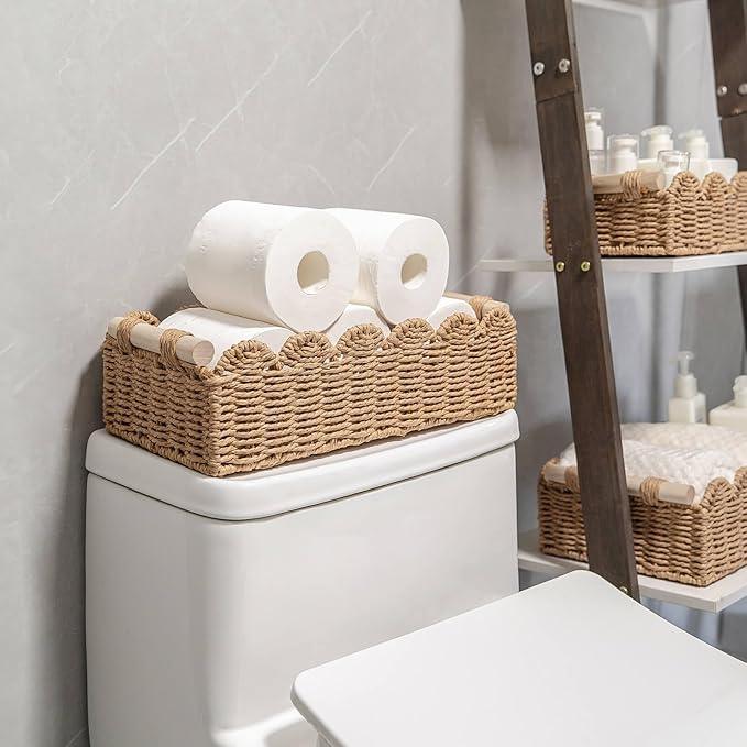 CubesLand Paper Rope Scalloped Edge Toilet Paper Storage Basket, Small Living Room, Bedroom Decor Baskets for Over Toilet Storage Shelf, End Table, Shelves and More, with 2 Wooden Handle, Neutral - ModernBath